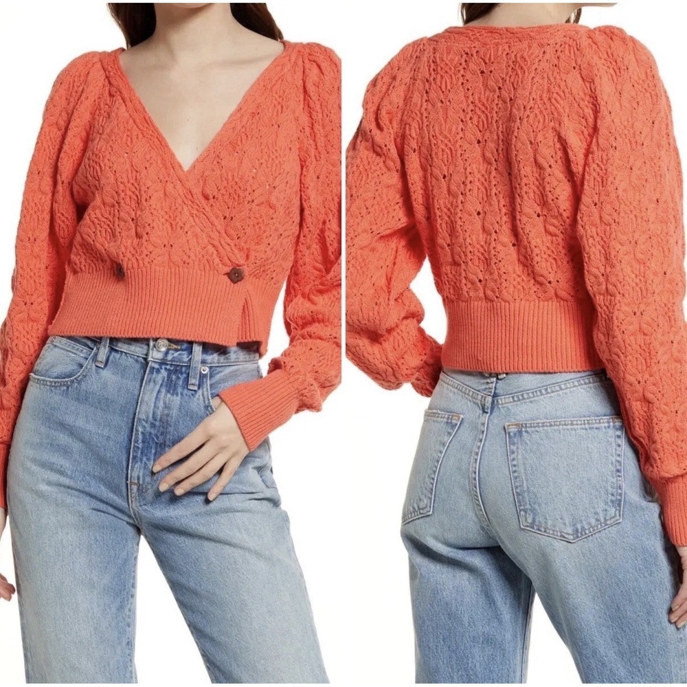Free People Olive You Cardi Cardigan M Long Sleeve Cable Knit Coral Pink Cottage